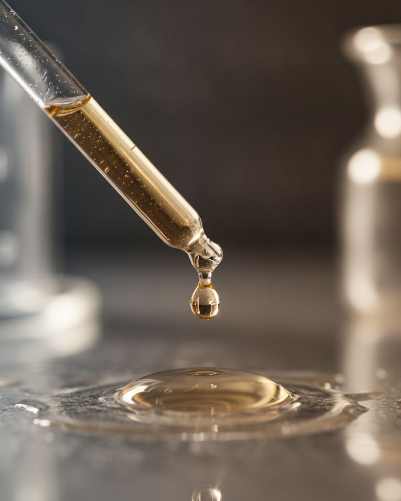 A glass pipette releasing a single golden serum droplet onto a glass surface