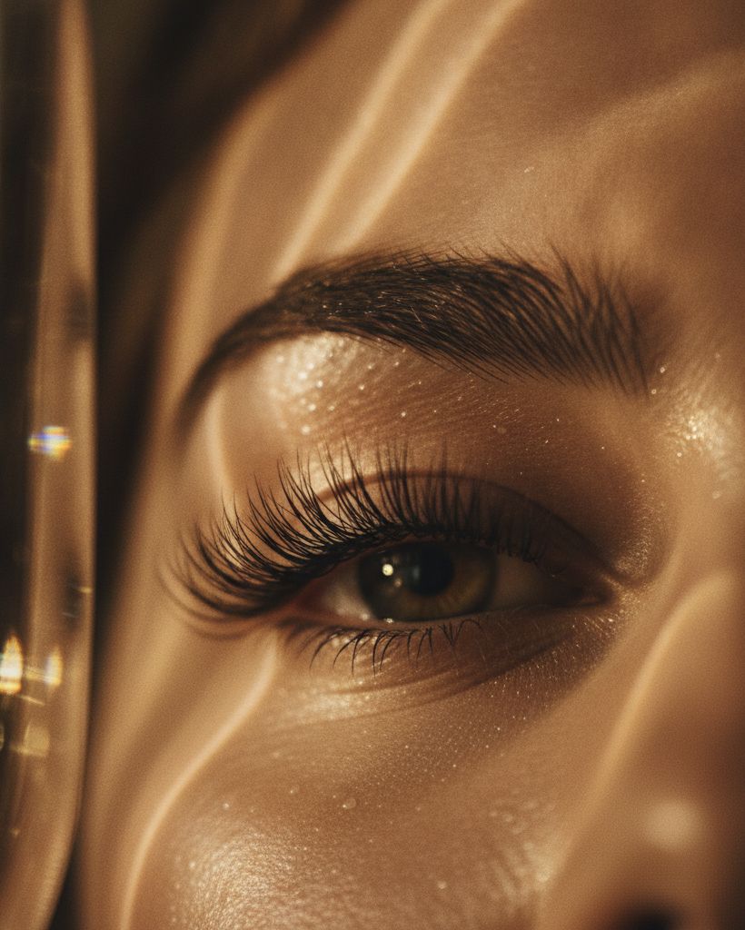 A soft-focus macro of a brow and lashes in warm champagne light