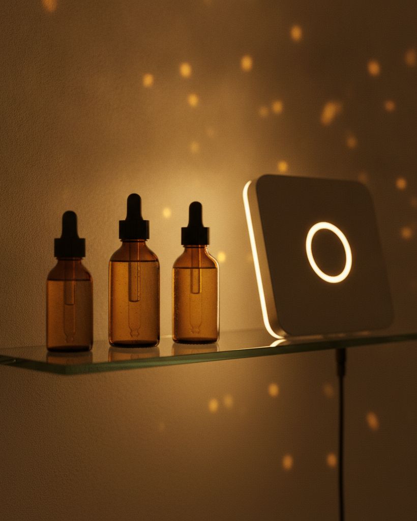 Amber serum bottles on a glass shelf beside a softly glowing device light