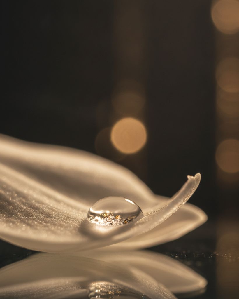 A white orchid petal holding a single dew droplet in warm light