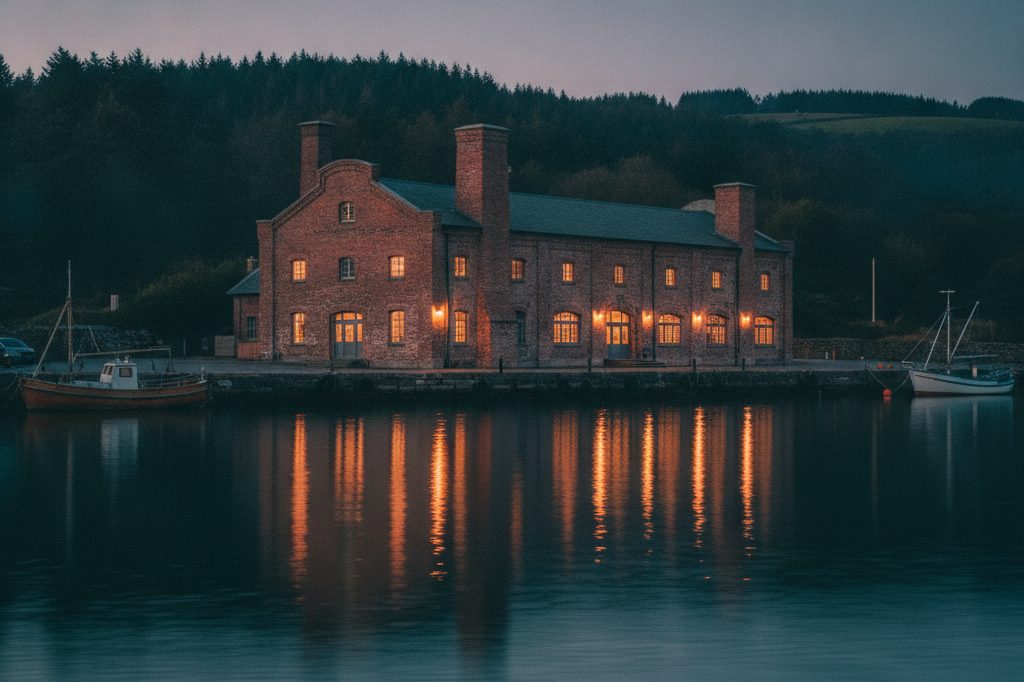 The converted brick kiln bathhouse on a quiet waterfront at dusk