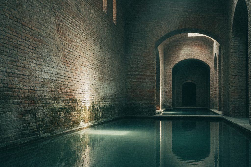 A still reflecting pool meeting a weathered brick wall under daylight