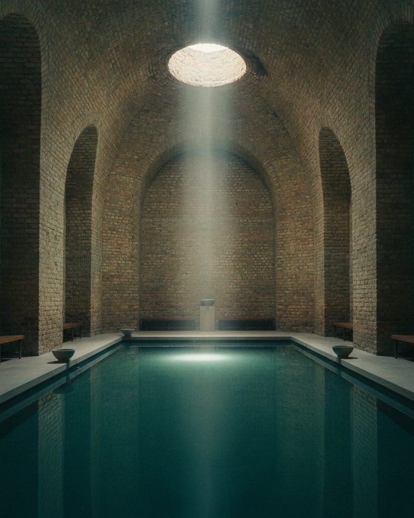 Vaulted brick kiln interior with a shaft of daylight falling on a teal pool