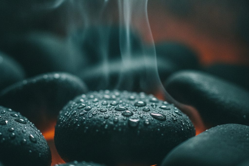 Steam rising off dark wet sauna stones in a warm ember glow