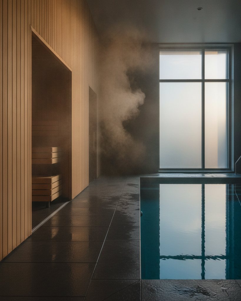 Steam drifting through a cedar-lined bathhouse above a deep teal plunge pool