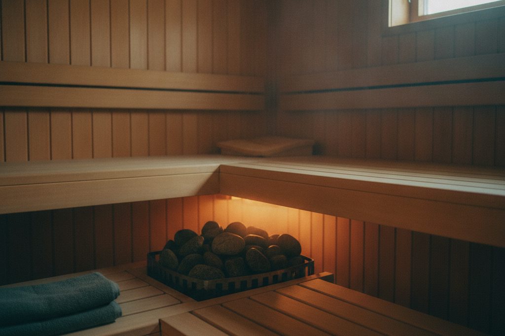 Cedar sauna interior with a tray of dark hot stones glowing in warm light