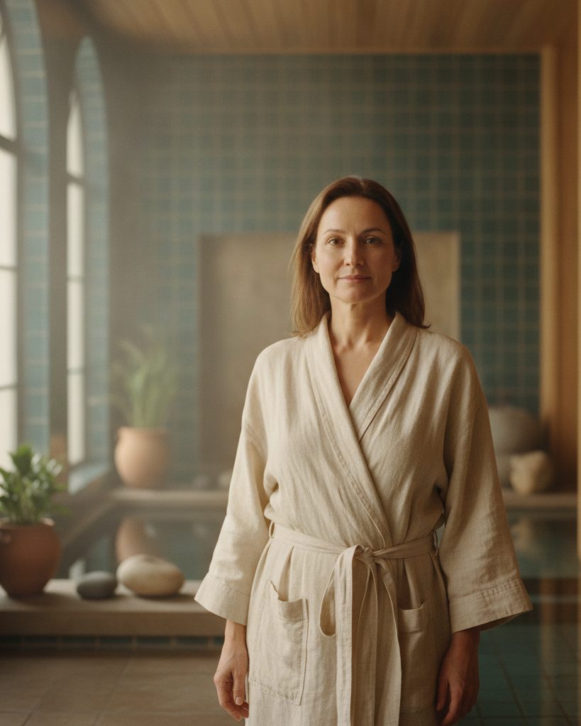 A host in a linen robe standing in a warm tiled bathhouse