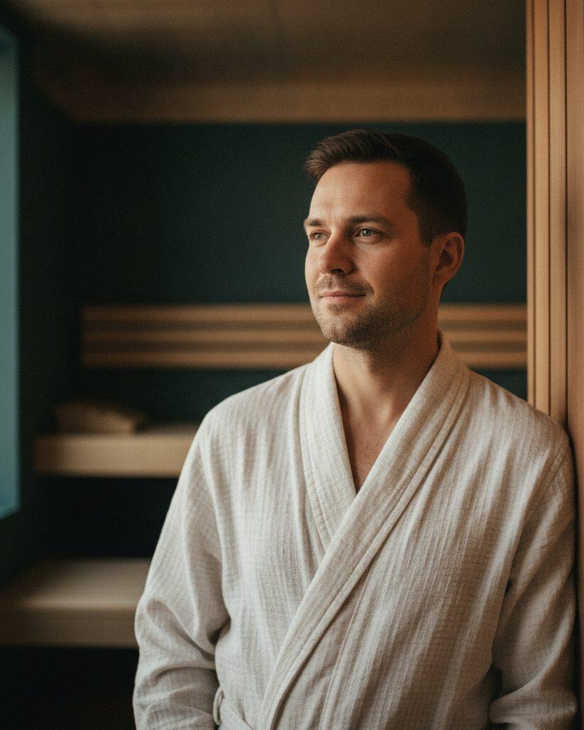 A host in a linen robe beside a cedar sauna wall