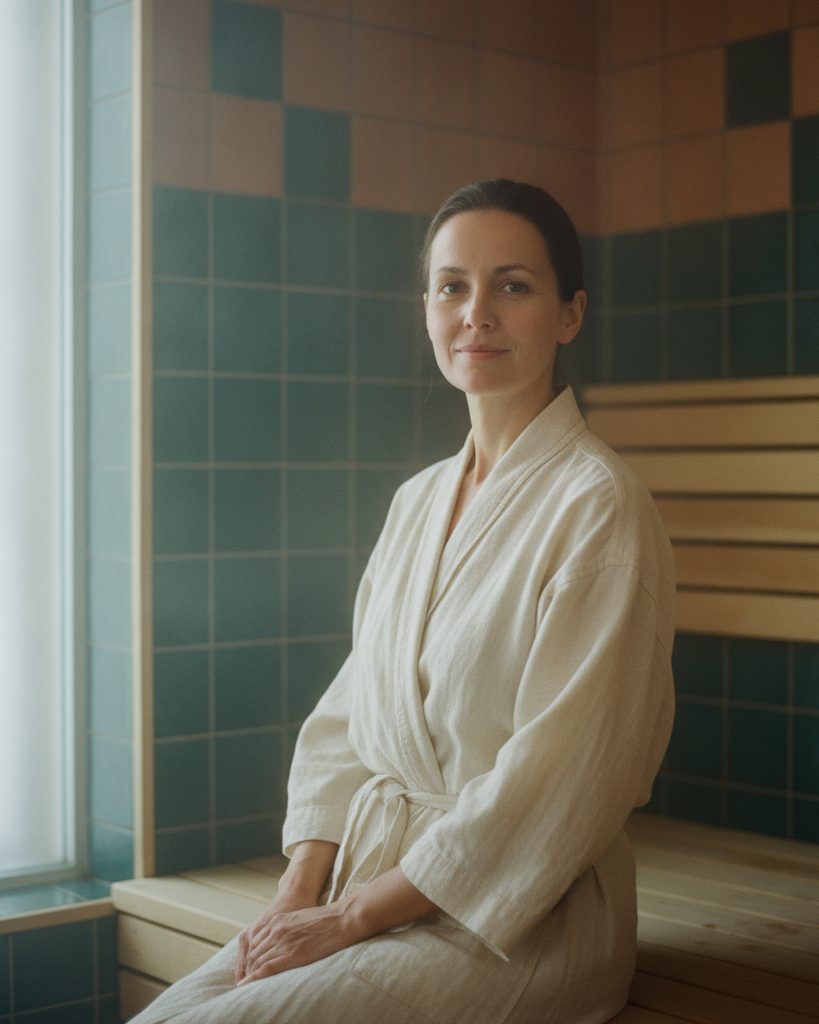 A host in a linen robe near tiled steam-room walls