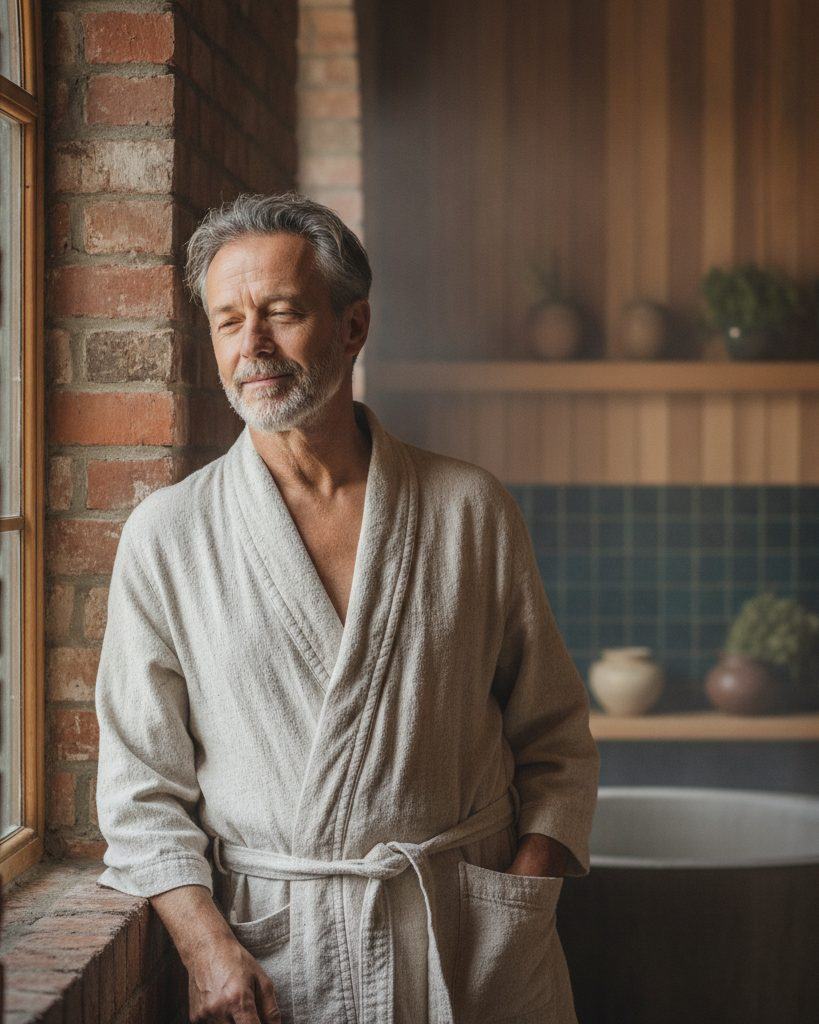 A host in a linen robe beside a brick wall in the bathhouse