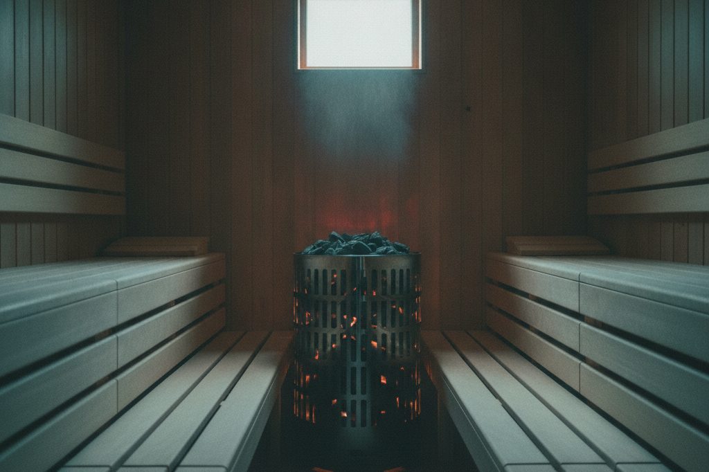 Tiered cedar sauna benches with a stove of dark stones