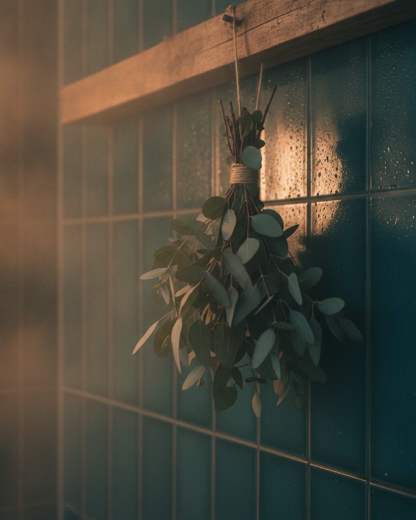 Fresh eucalyptus hung against tiled steam-room walls in backlit vapour