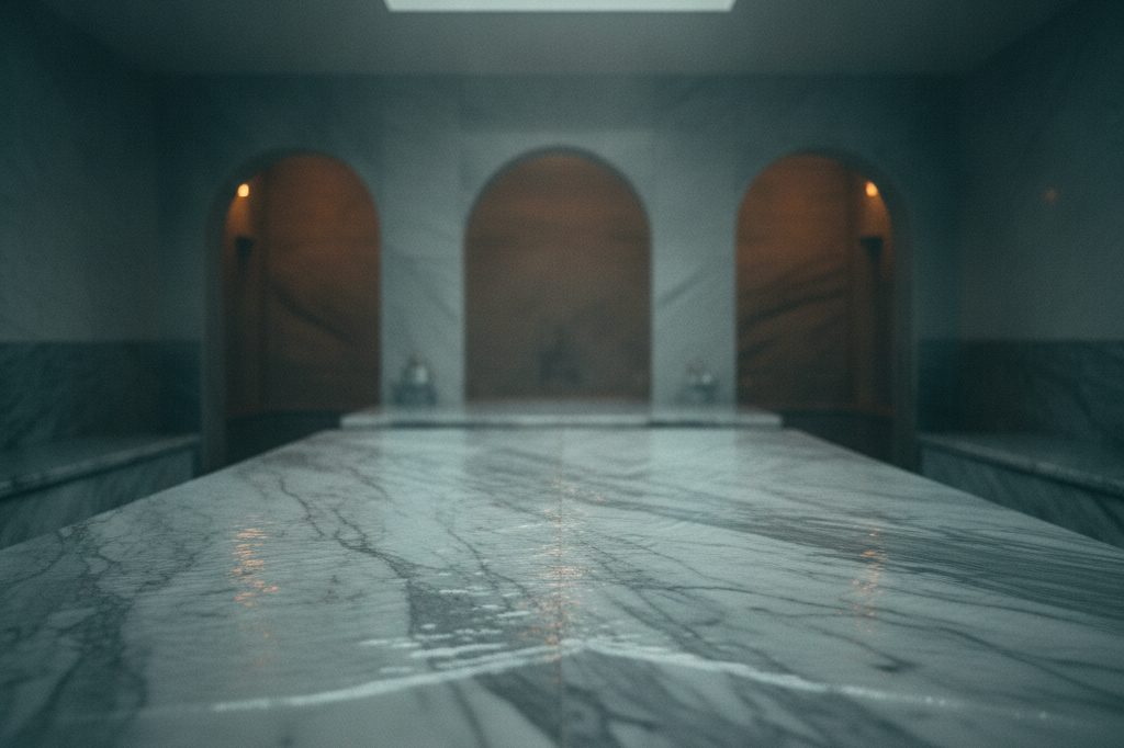 A wet polished marble hammam slab under a soft skylight