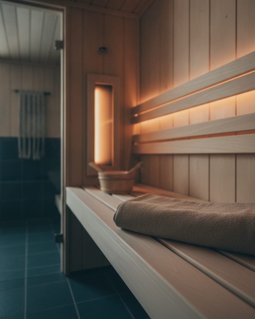 Detail of a pale-wood infrared sauna cabin with a folded towel