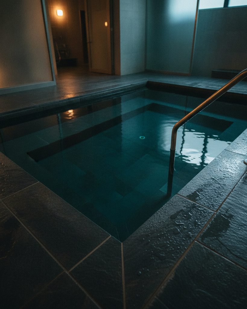 Deep teal cold plunge tub with a metal handrail and wet slate surround