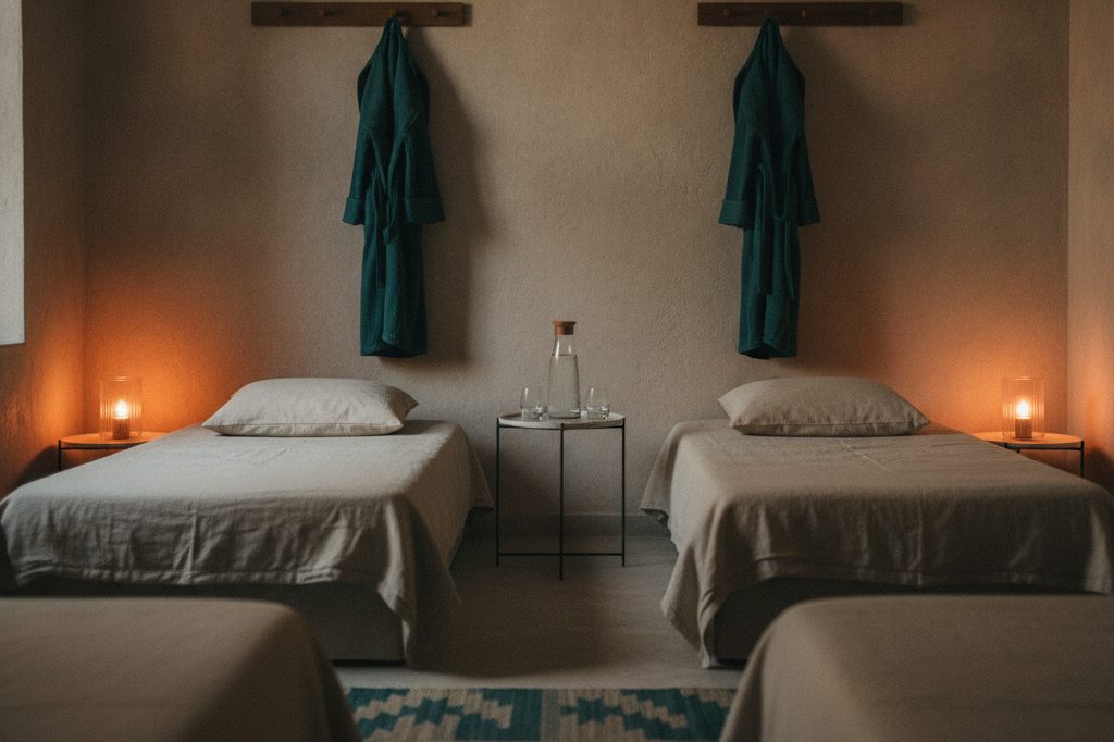 A dim rest lounge with linen daybeds, robes, and warm lamplight