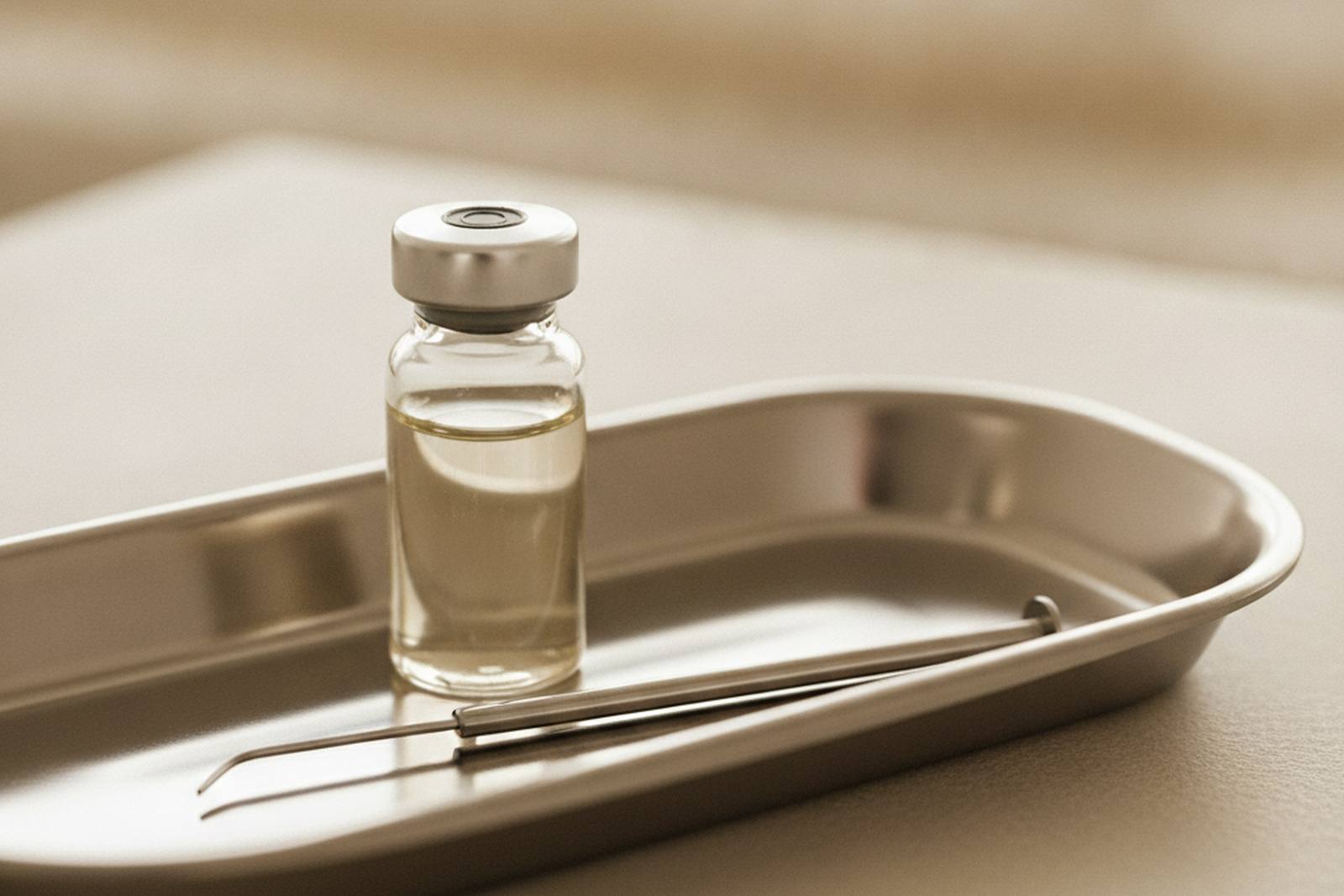 A small vial and cannula on a clean stainless tray
