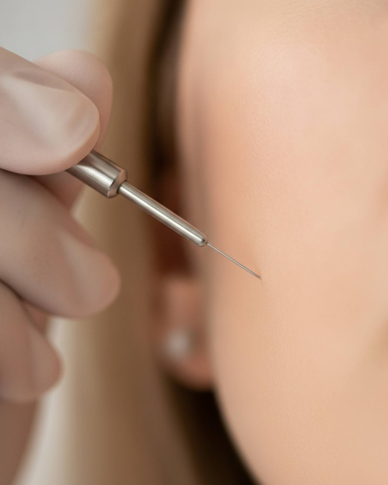 A gloved hand steadying a fine cannula near a cheek