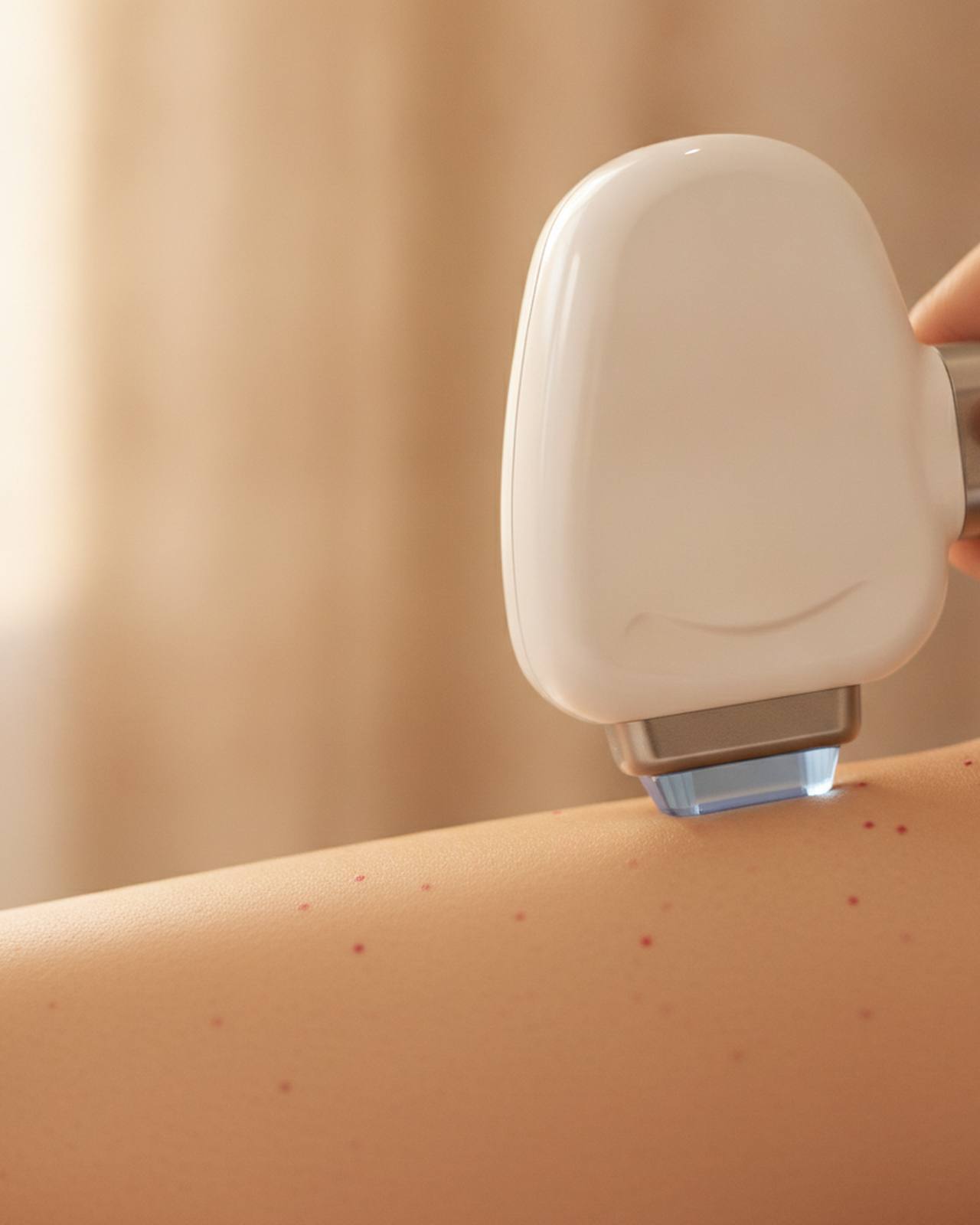 A laser hair-removal handpiece on a lower leg