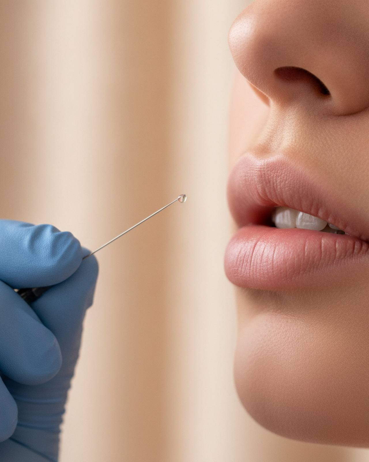A fine needle near relaxed natural lips