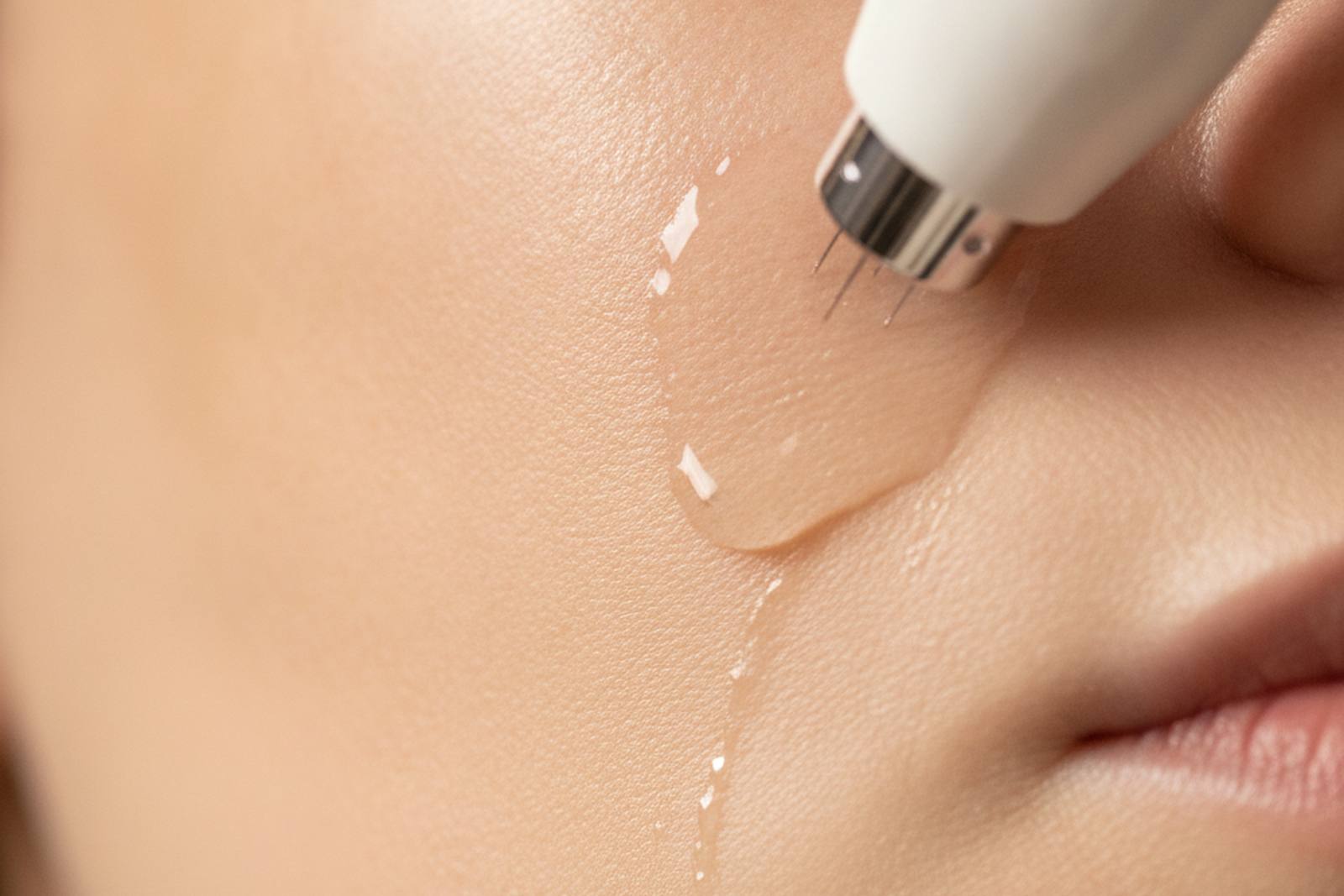 A microneedling pen moving across calm cheek skin