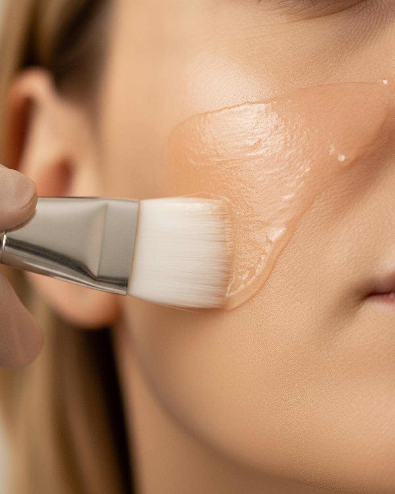 A brush applying a clear peel solution to cheek skin