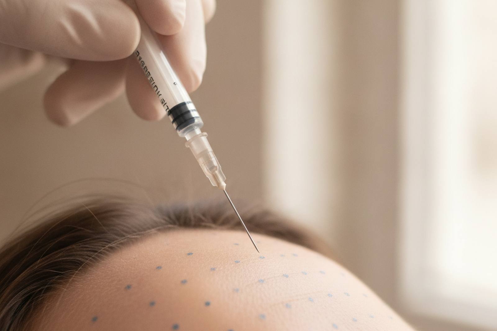 A fine syringe held above a mapped forehead, close detail in natural light