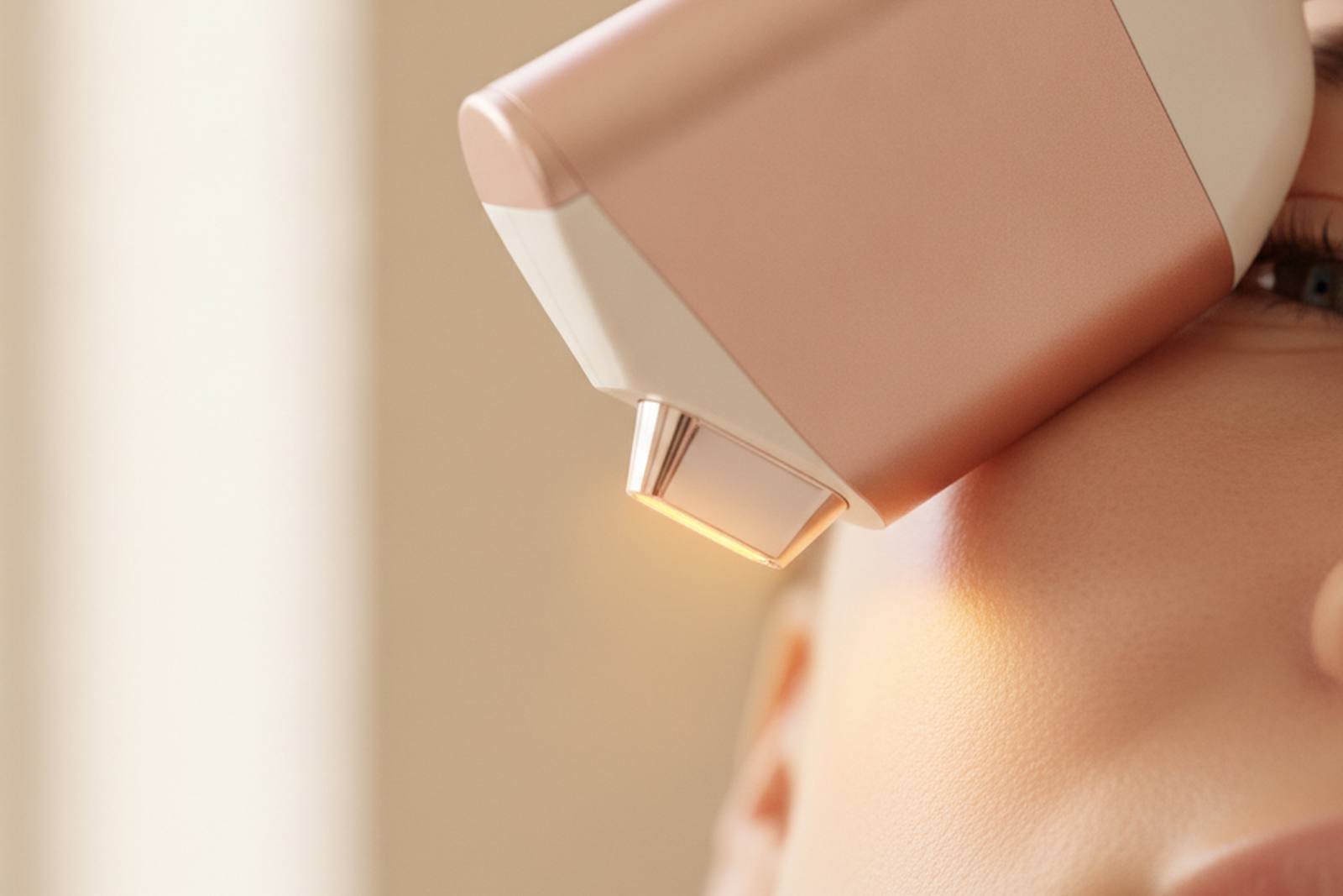 A laser handpiece passing over smooth cheek skin