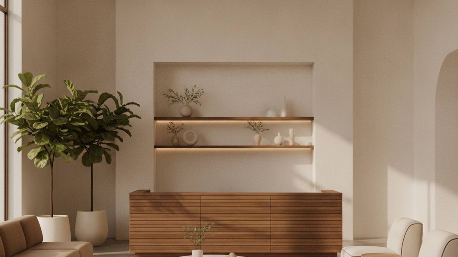 The clinic entrance and lounge in soft natural light