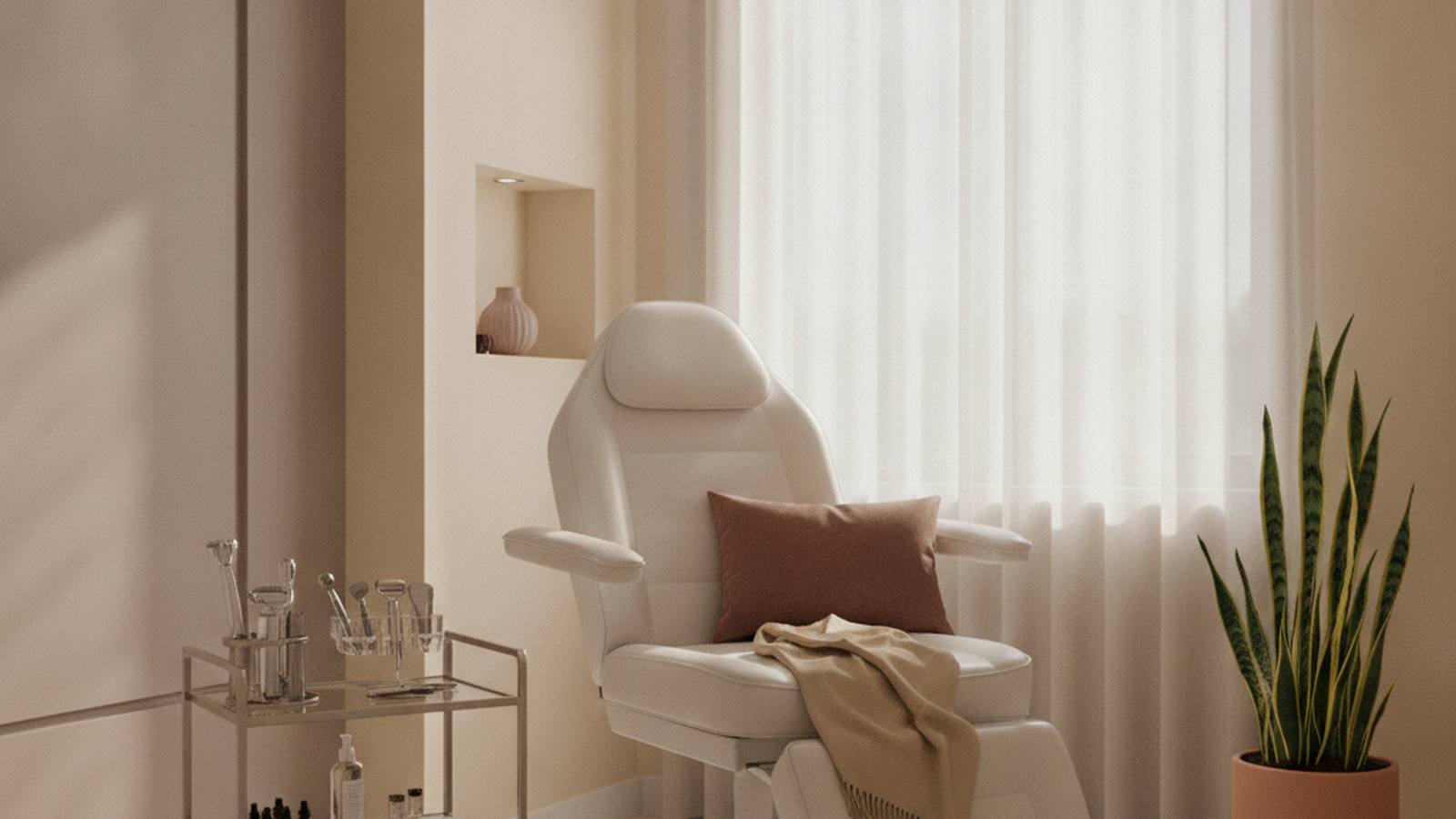A calm, sunlit treatment room with a single chair and a tidy tray