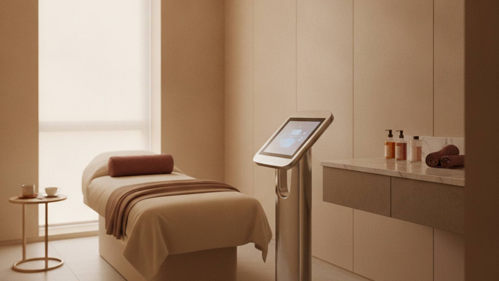 A treatment suite with a modern aesthetic device beside a daylit window