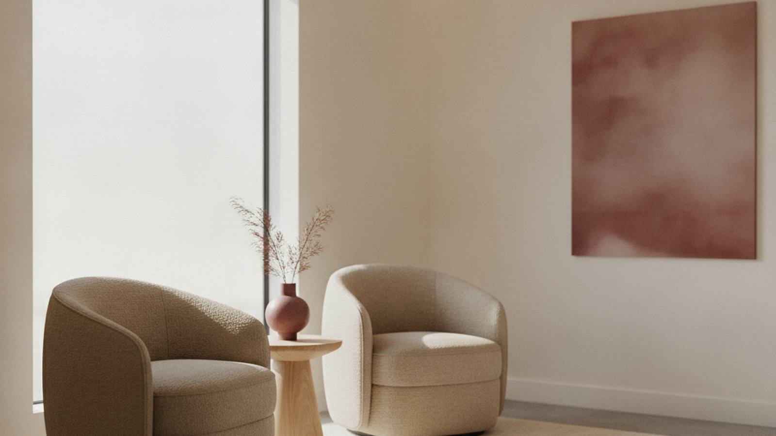 A quiet consultation room with two chairs beside a window