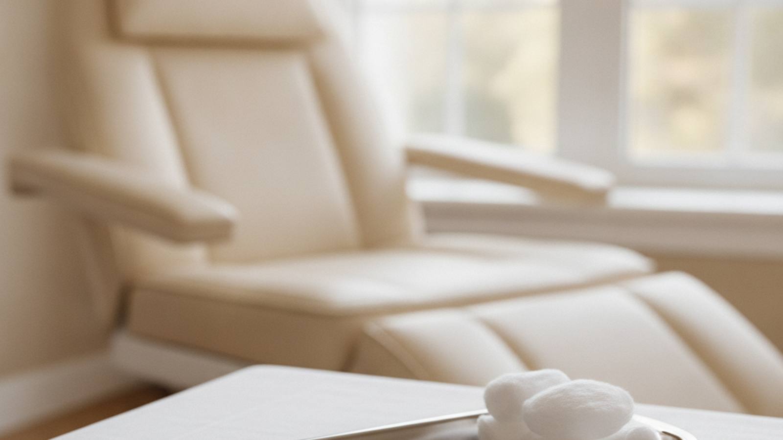 A calm treatment station with a prepared tray beside a window