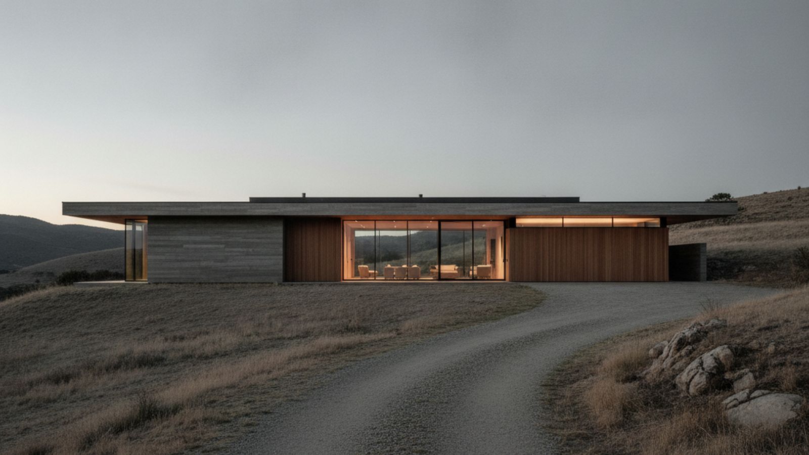 Ridgeline House — a long, low board-formed-concrete and timber house set into a hillside, approach elevation at dusk