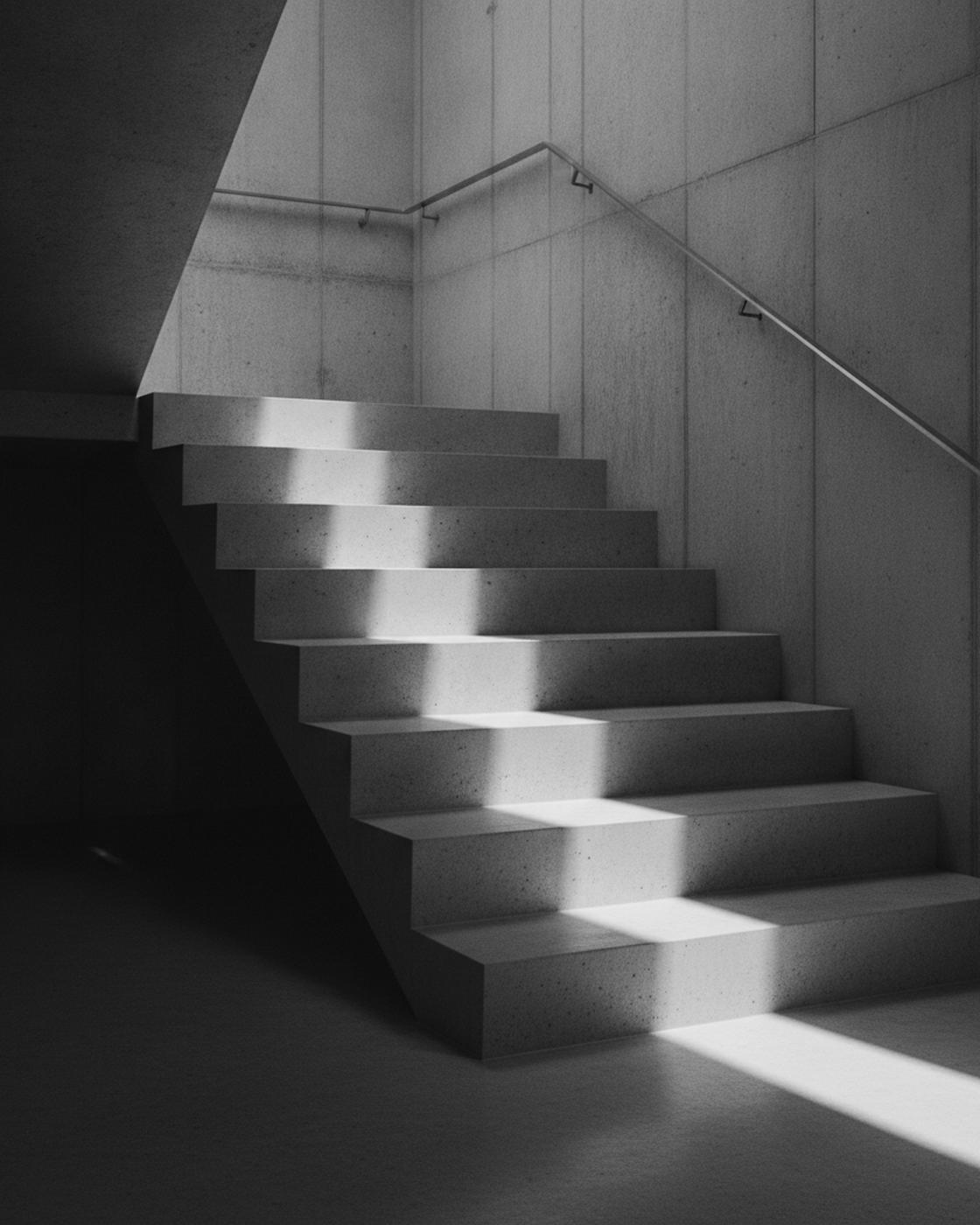 A concrete stair descending through raking daylight — the active sheet
