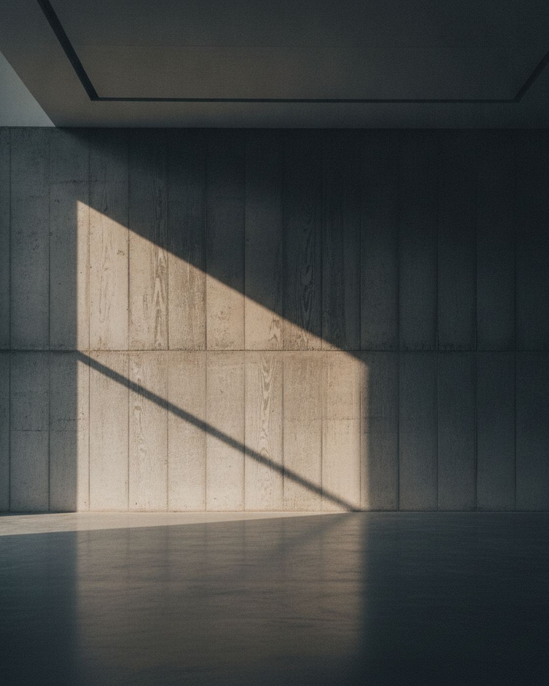 Board-formed concrete wall raked by low daylight, the timber grain printed into the surface