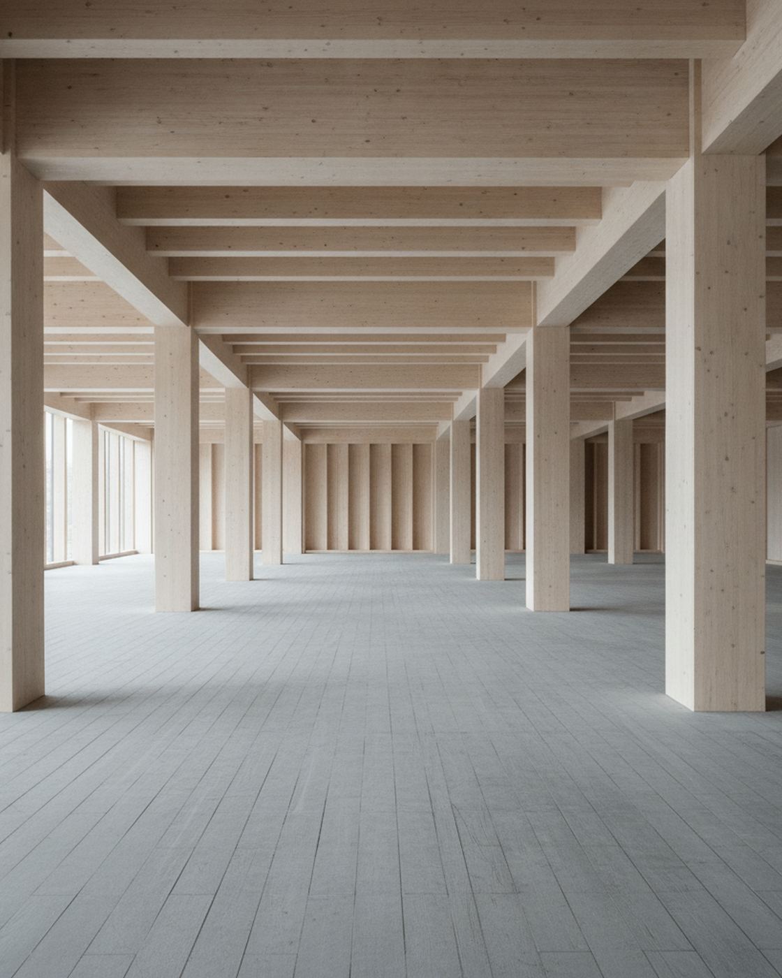 Interior timber frame — exposed glue-laminated beams and columns in an empty room under soft morning light