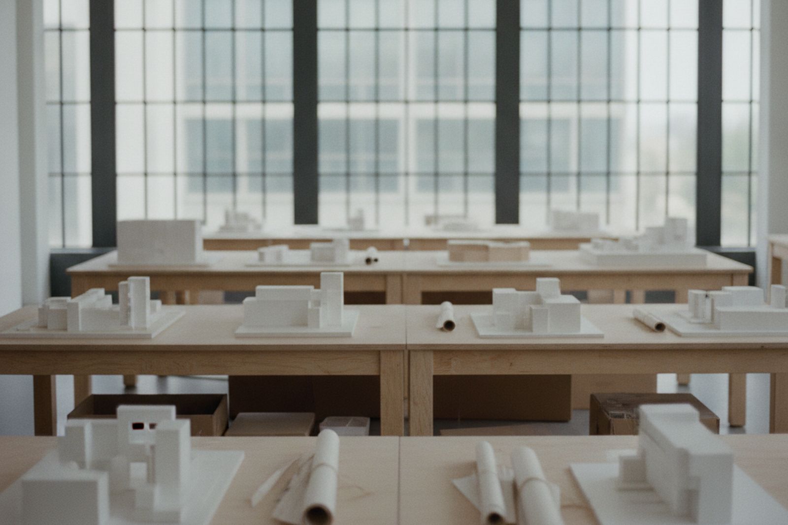 The studio — long plywood workbenches carrying white architectural models under natural daylight from tall windows