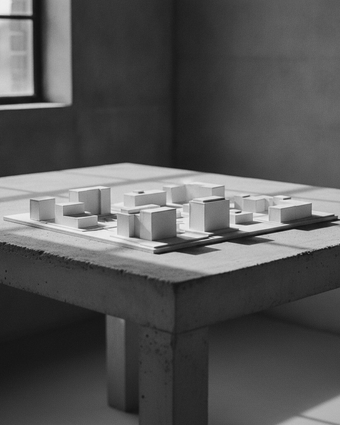 North Yard — a white card architectural massing model of a small urban masterplan in raking light