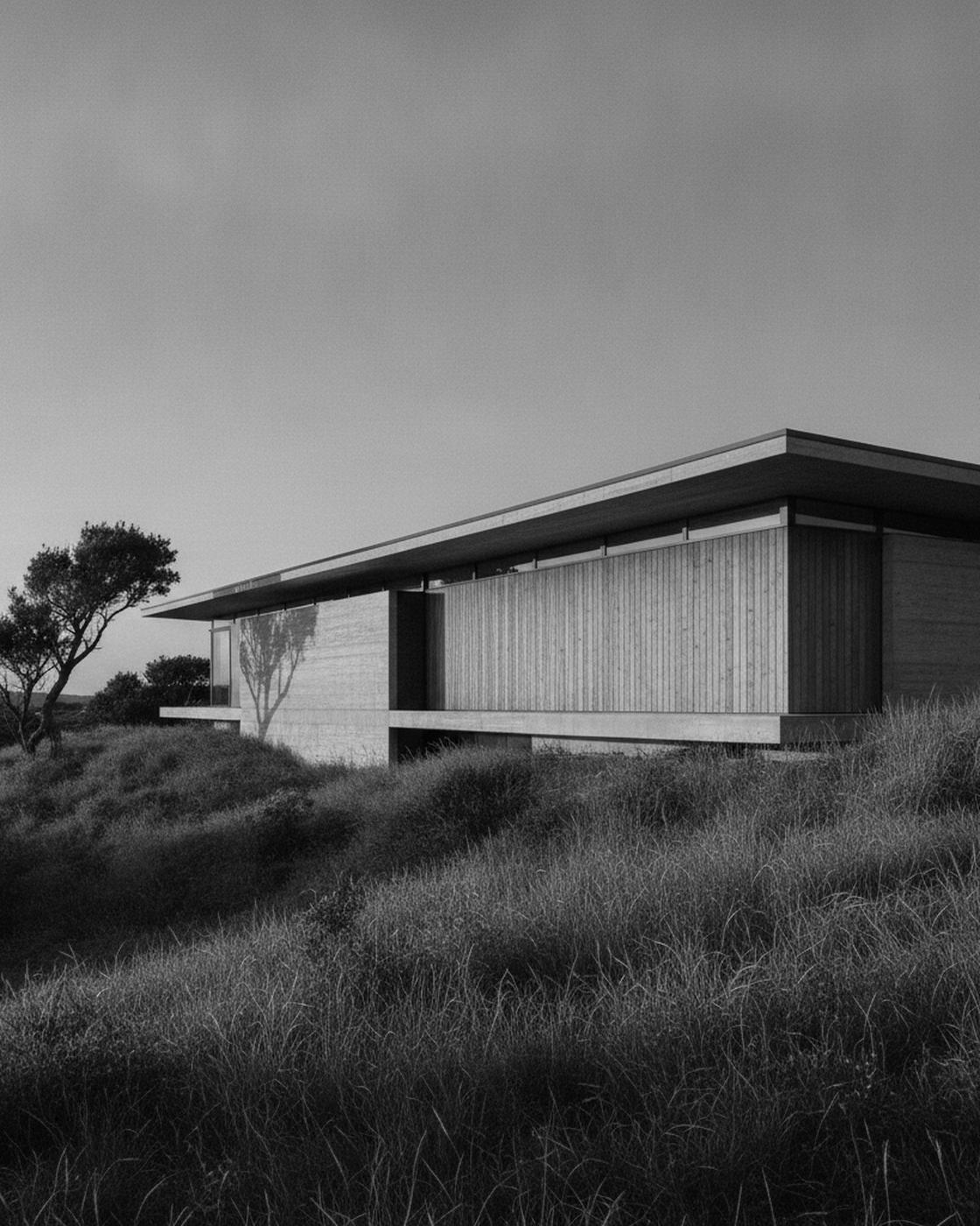 Ridgeline House — a concrete and timber house of low horizontal massing on a hillside