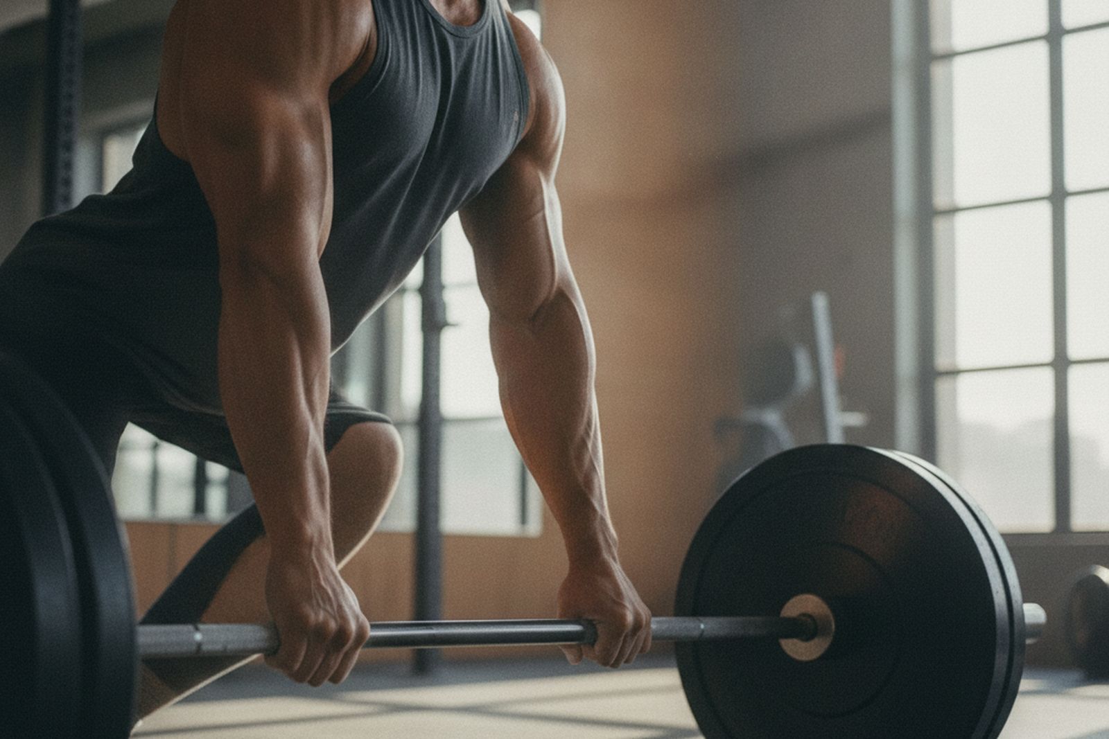 An athlete mid-lift gripping a loaded barbell in a bright strength studio, morning light