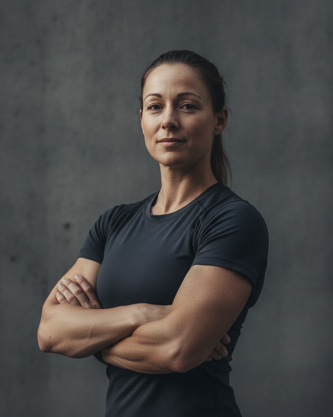Portrait of head strength coach Mara Quinn against a plain graphite wall