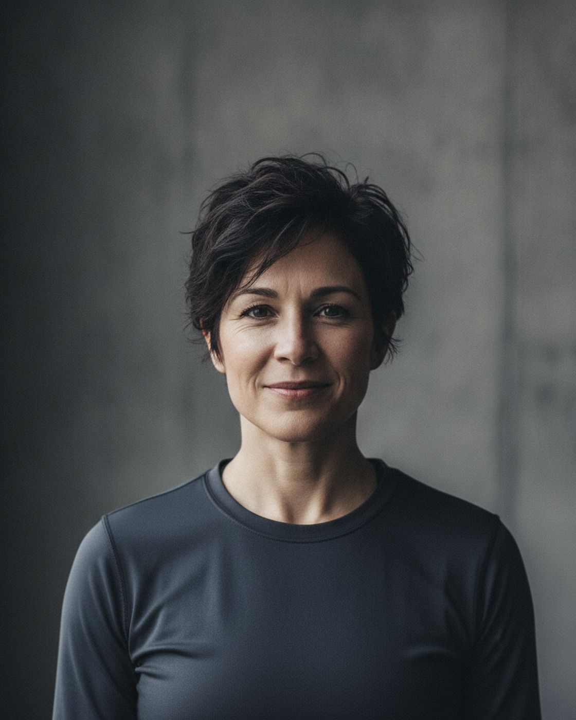 Portrait of strength and onboarding coach Priya Shah against a plain graphite wall