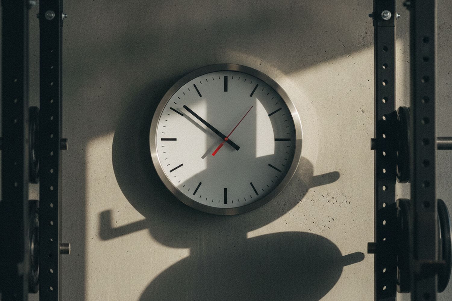 A large studio interval clock on a concrete wall in raking morning light, weight rack behind