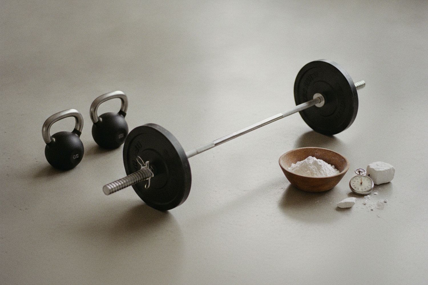 Strength kit on a concrete floor — a loaded barbell, kettlebells, a chalk bowl, a stopwatch