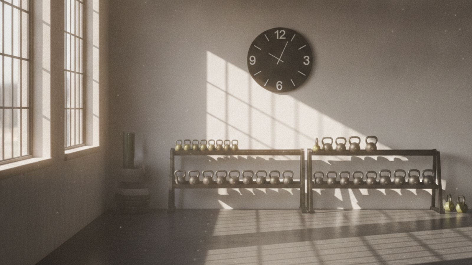 The empty Interval studio in morning light — kettlebell racks, a large wall clock, open floor, timber beams