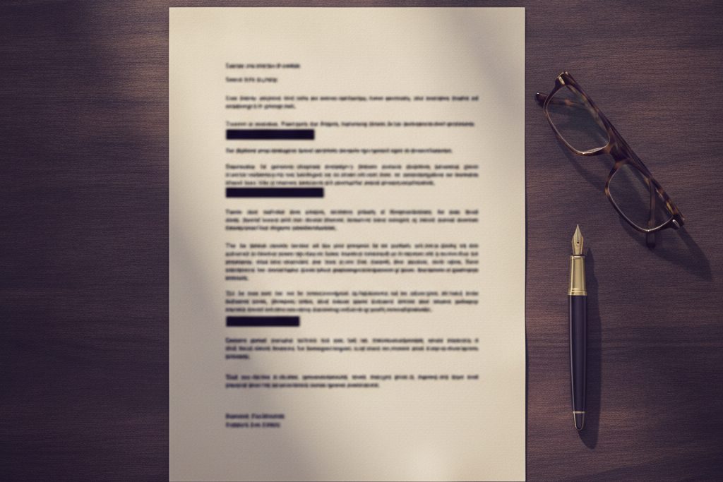 A redacted advisory mandate document resting on a desk, ink on paper