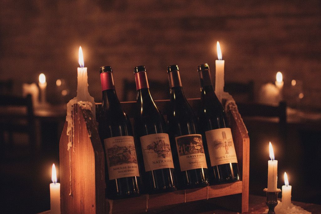 A short rack of natural-wine bottles by candlelight, labels facing out