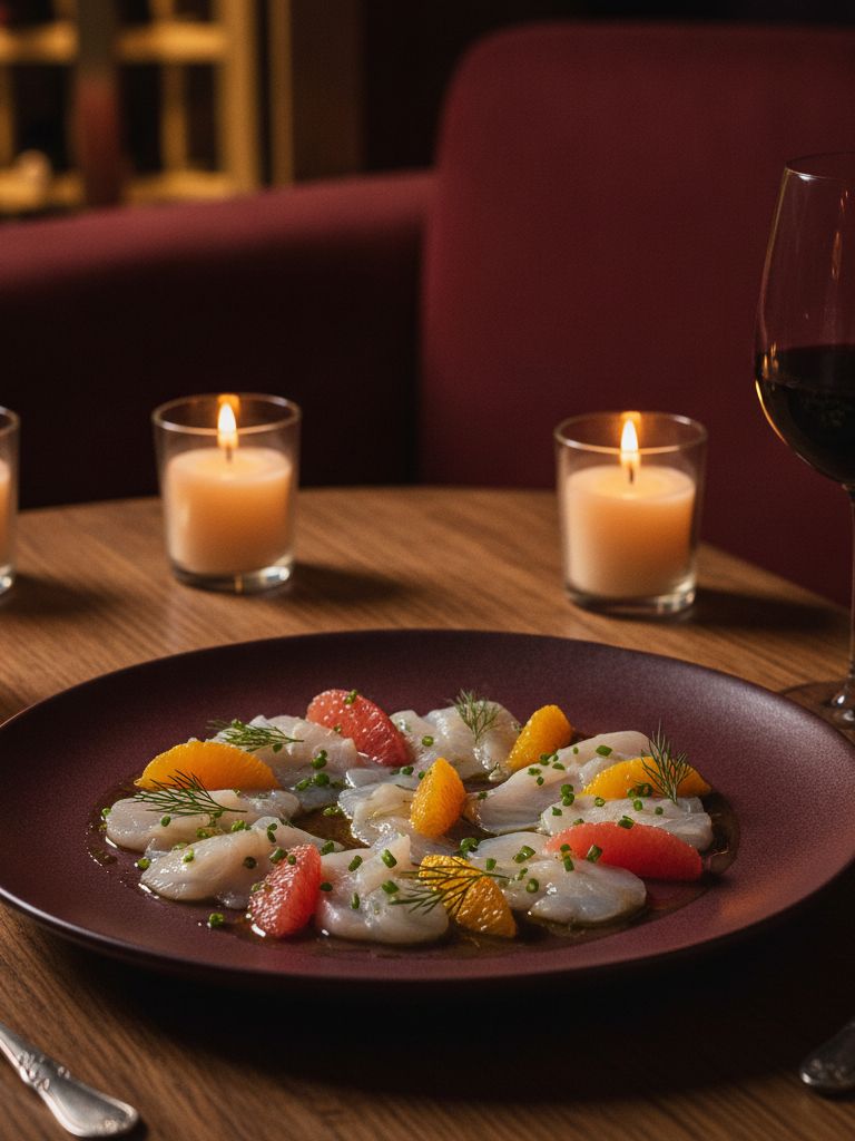 Course two, a raw and cured coastal starter, plated and seen from above