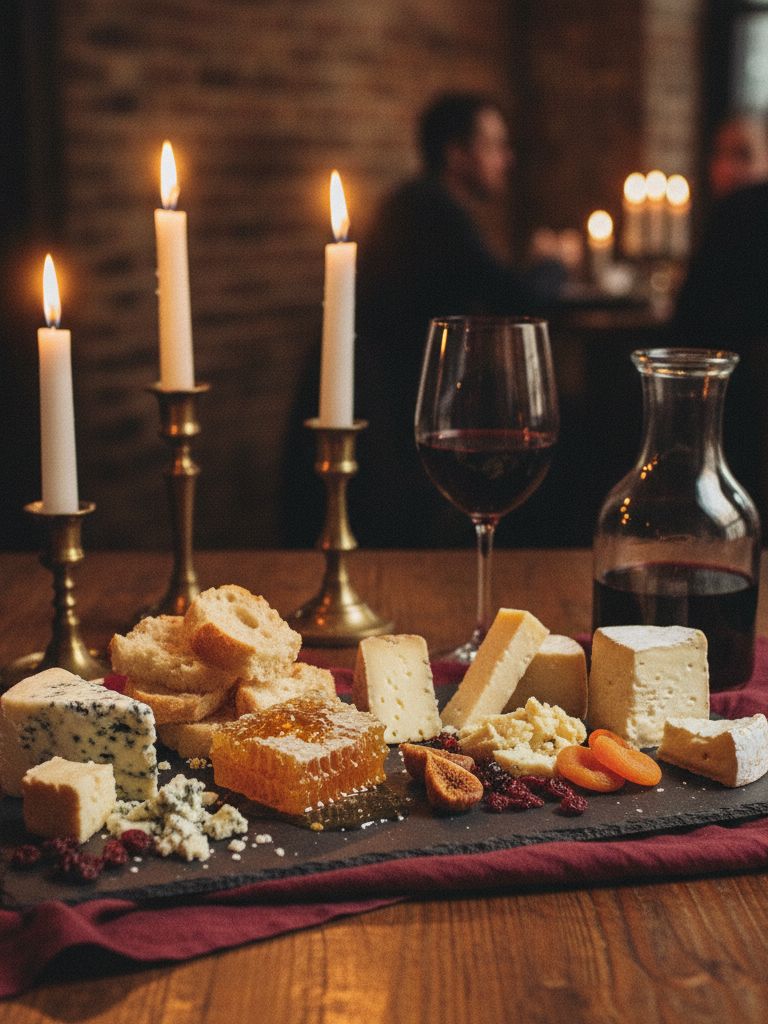 Course four, a small aged-cheese board with honey and bread in warm light
